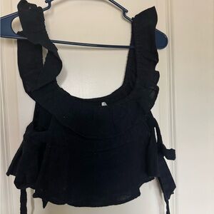 Free People Black Flutter Sleeve Tank Top with Ruffled Tie Front